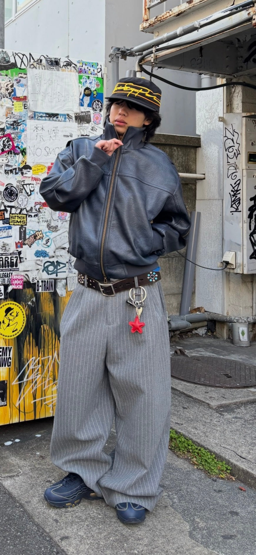 グレーストライプウールブレンドワイドスラックス　MEN-014