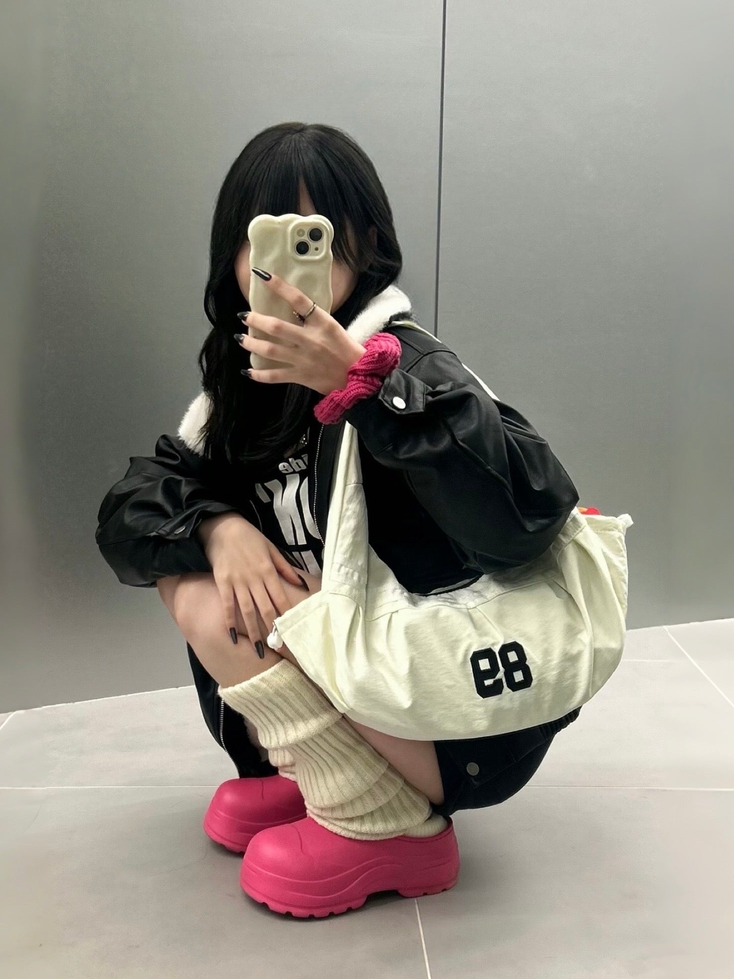 エコレザー×ボア襟モダンショートブルゾン　MI-031