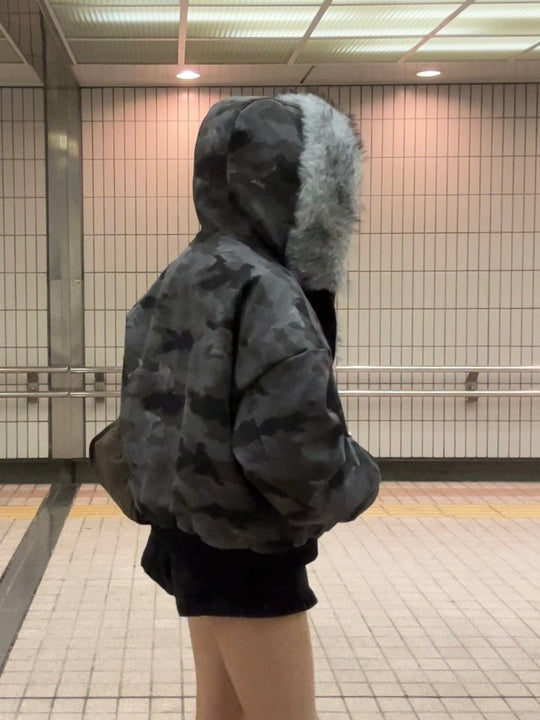 ファーフード付きカモフラ中綿ボンバージャケット　MI-040
