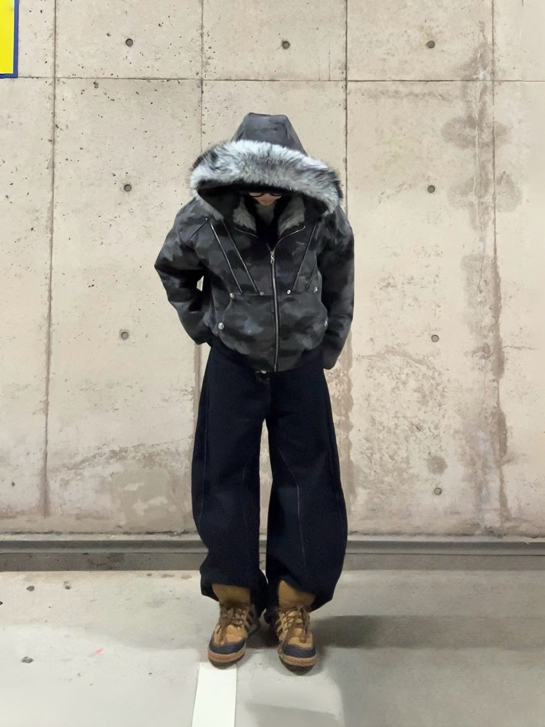 ファーフード付きカモフラ中綿ボンバージャケット　MI-040