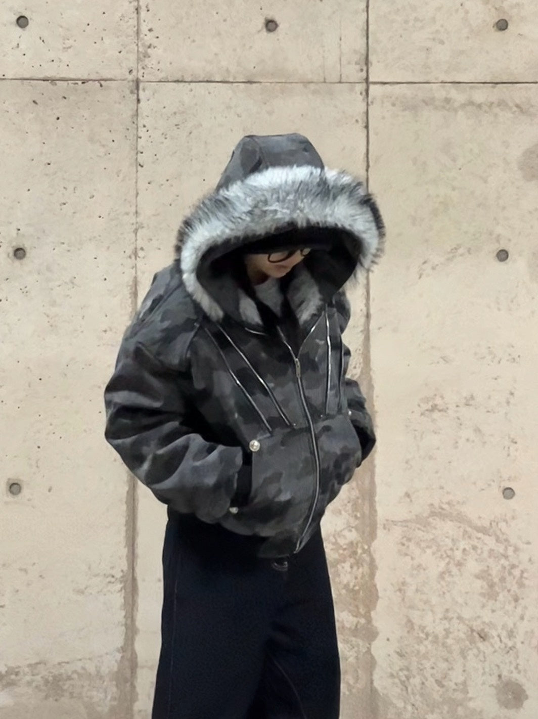 ファーフード付きカモフラ中綿ボンバージャケット　MI-040