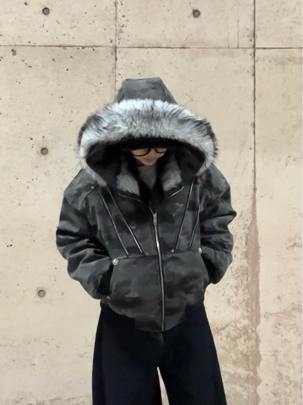 ファーフード付きカモフラ中綿ボンバージャケット　MI-040