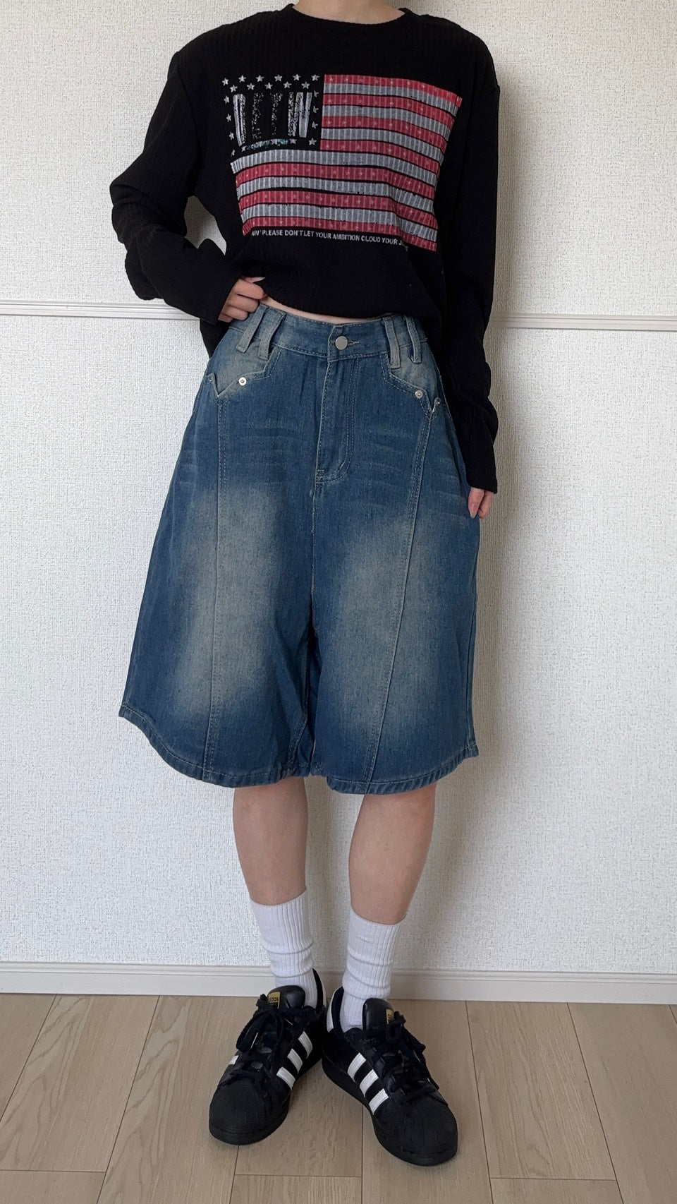 ヴィンテージウォッシュ ワイドデニムハーフパンツ SCK-048