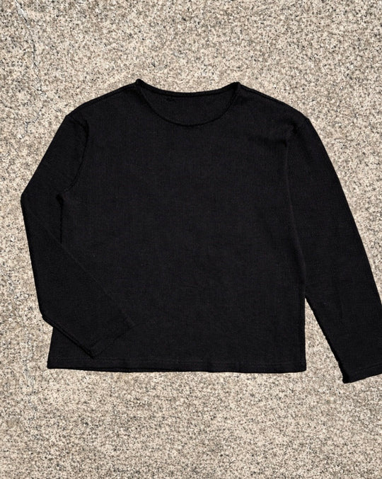 【JUUN.J】ティカラワッフルニット ロングスリーブ - ブラック ワッフル地クルーネック ルーズロングスリーブT KO-016
