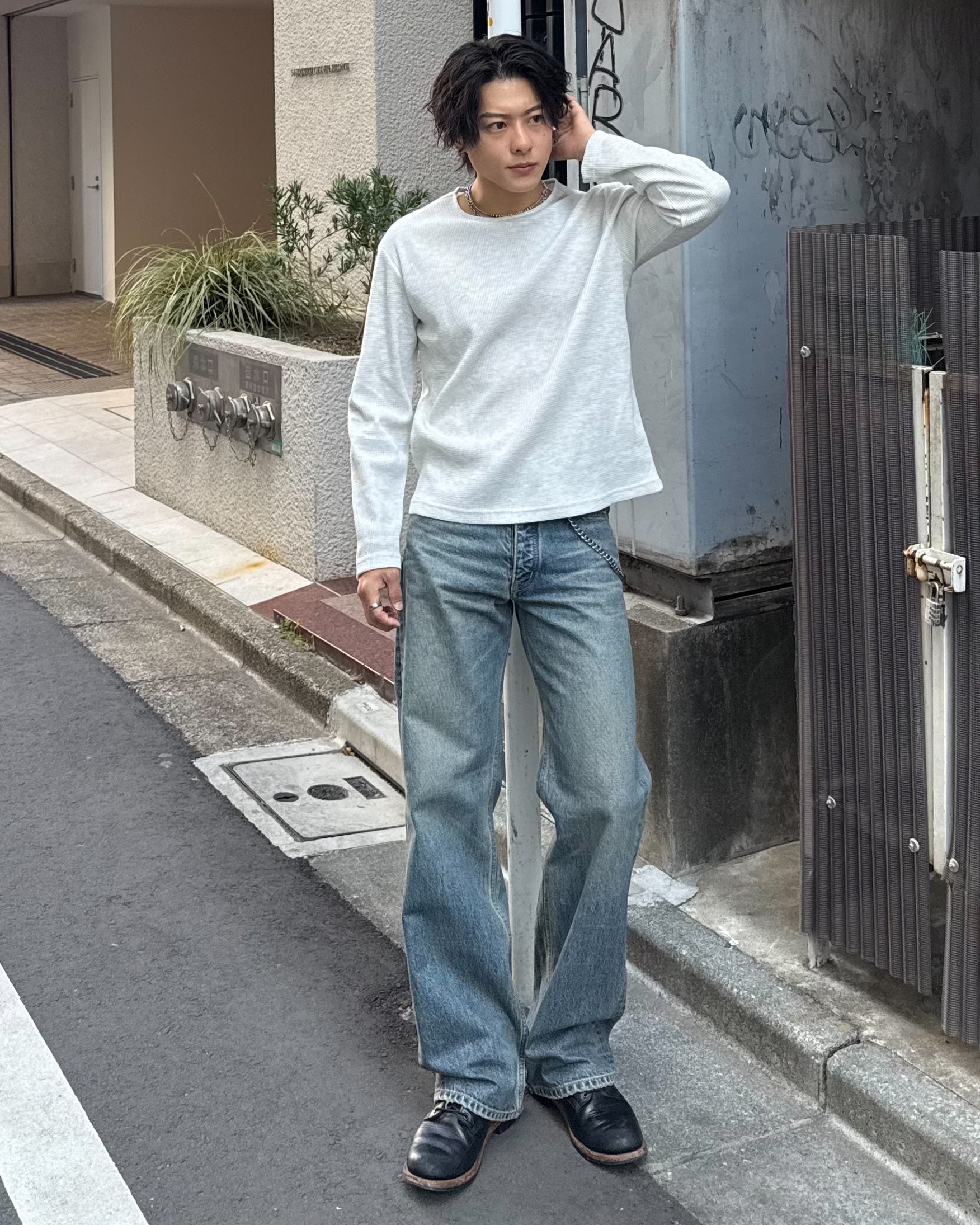 ワッフル地クルーネック ルーズロングスリーブT KO-016