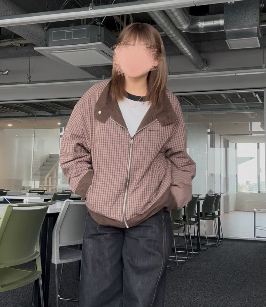 リバーシブル チェック×無地 ヴィンテージジップジャケット AT009