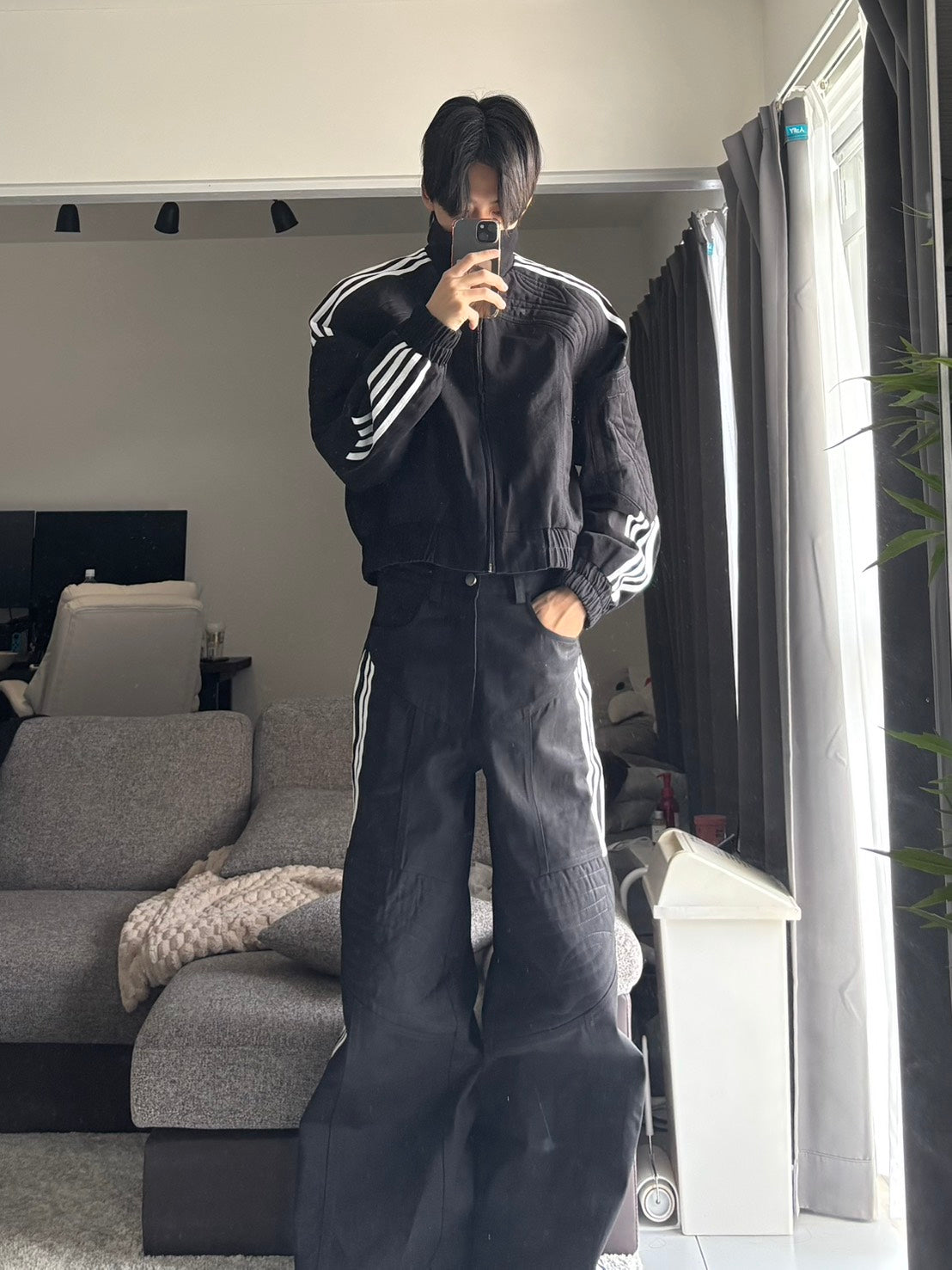 4ラインサイドテープ ブラックワイドデニムパンツ HOR-007