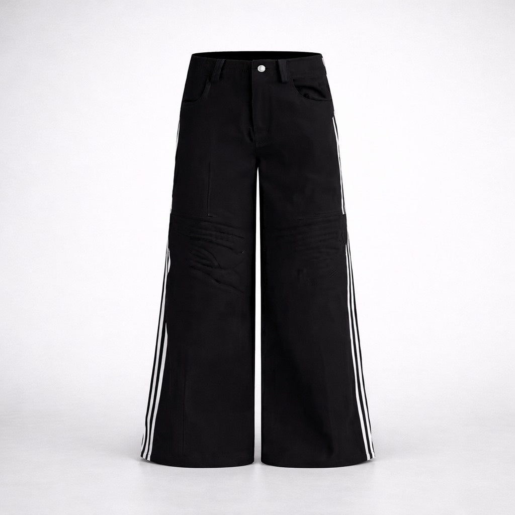 4ラインサイドテープ ブラックワイドデニムパンツ HOR-007