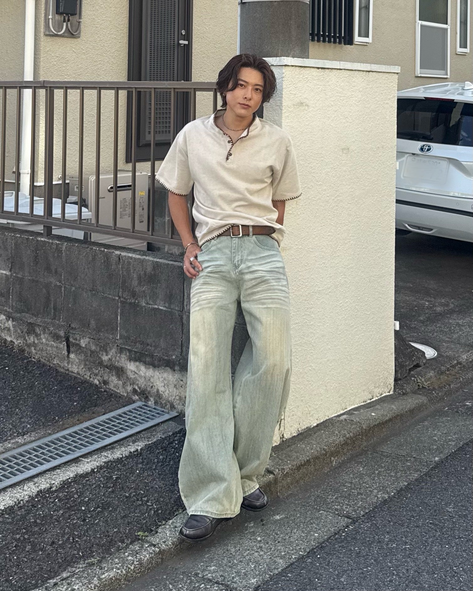 手縫いステッチヘンリーネック半袖Tシャツ KO-019