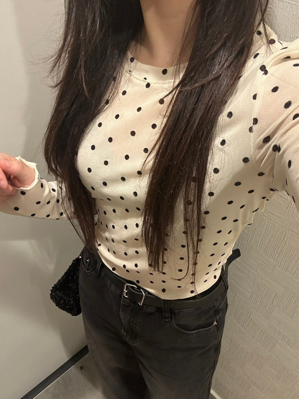 ドット柄シアー長袖フィットトップス OT-057
