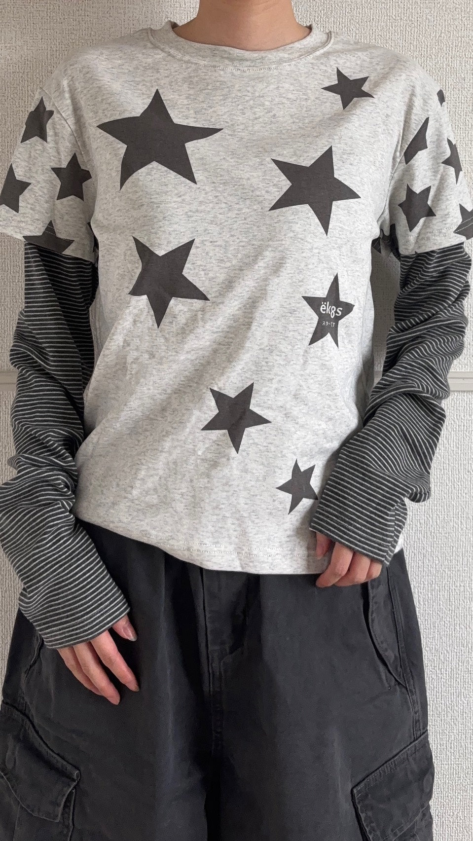 スター柄ボーダー袖レイヤード長袖Tシャツ SCK-054