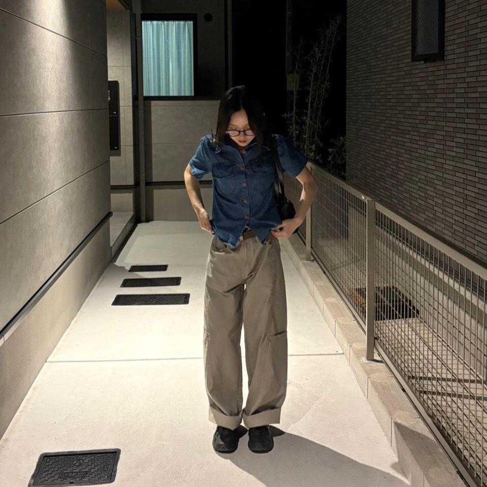 デニムシャツ＆ベージュワイドパンツ セット VL004