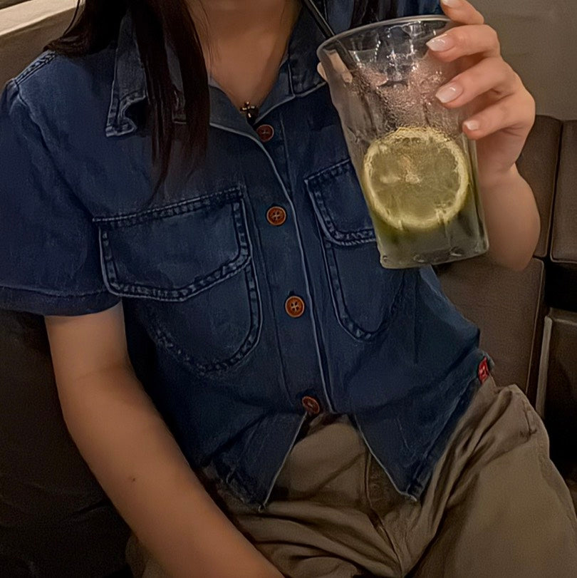 デニムシャツ＆ベージュワイドパンツ セット VL004