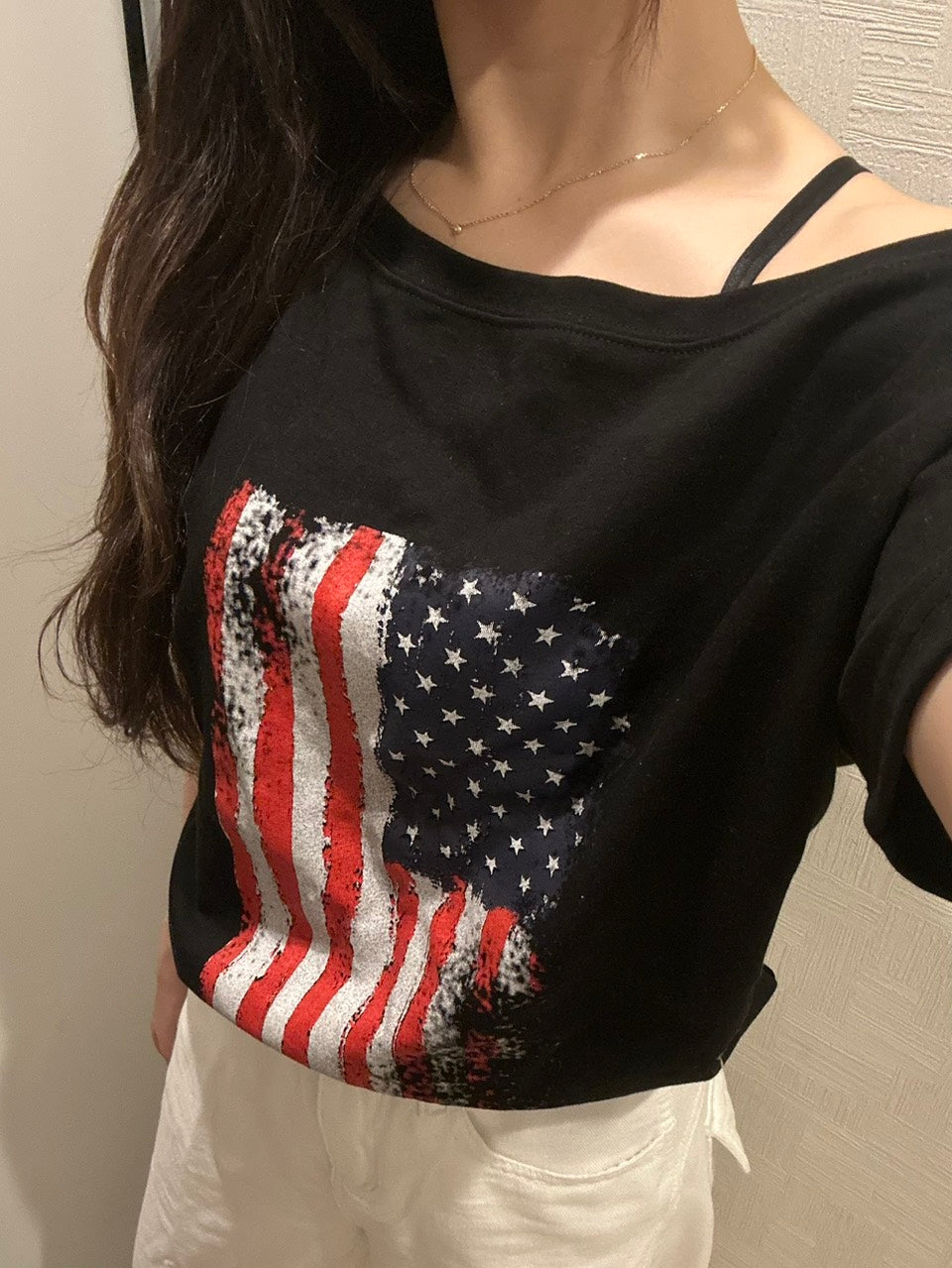 フラッグプリントオフショルダーTシャツ OT-061