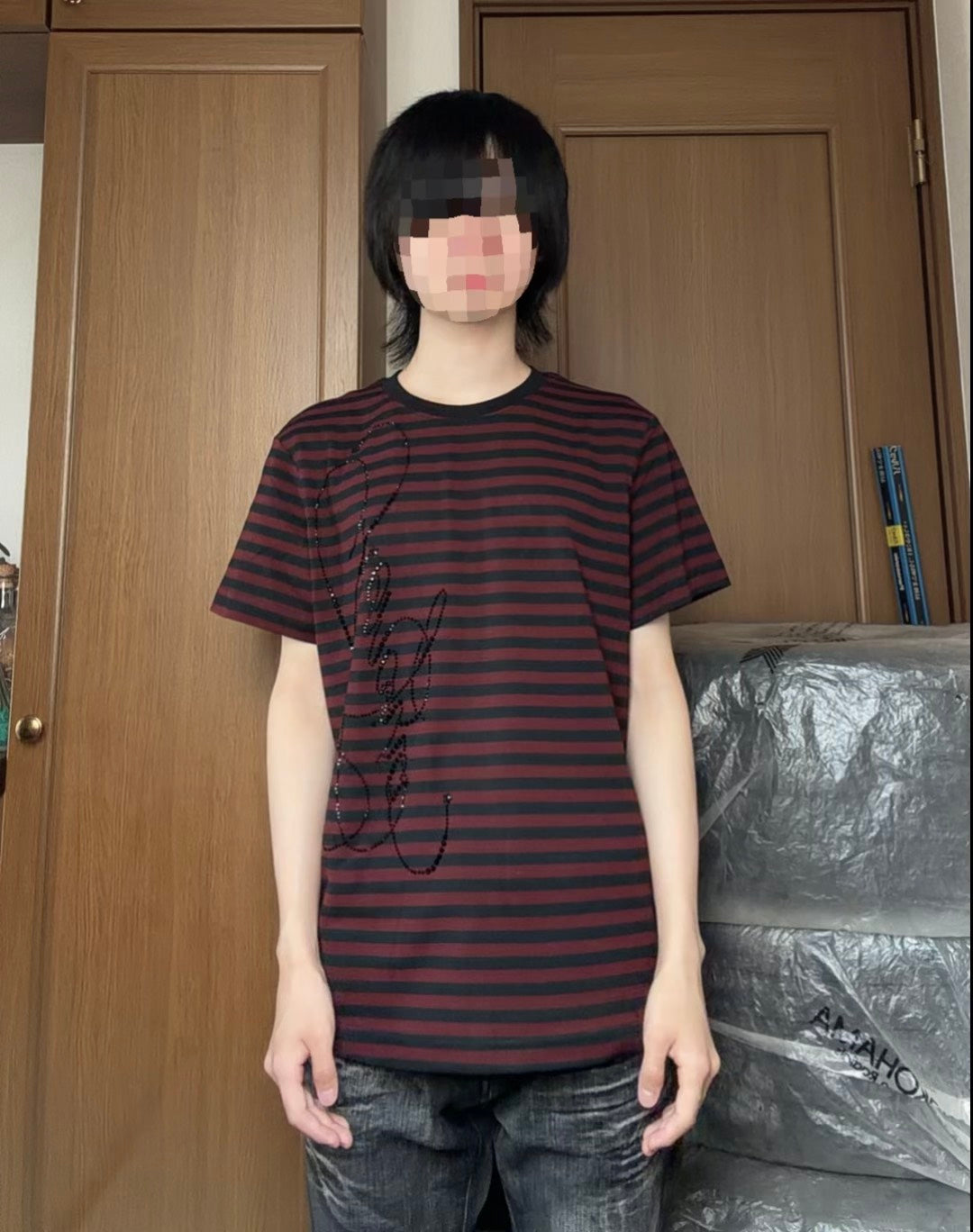 Y2Kビジューロゴボーダー柄半袖Tシャツ　AKA-013