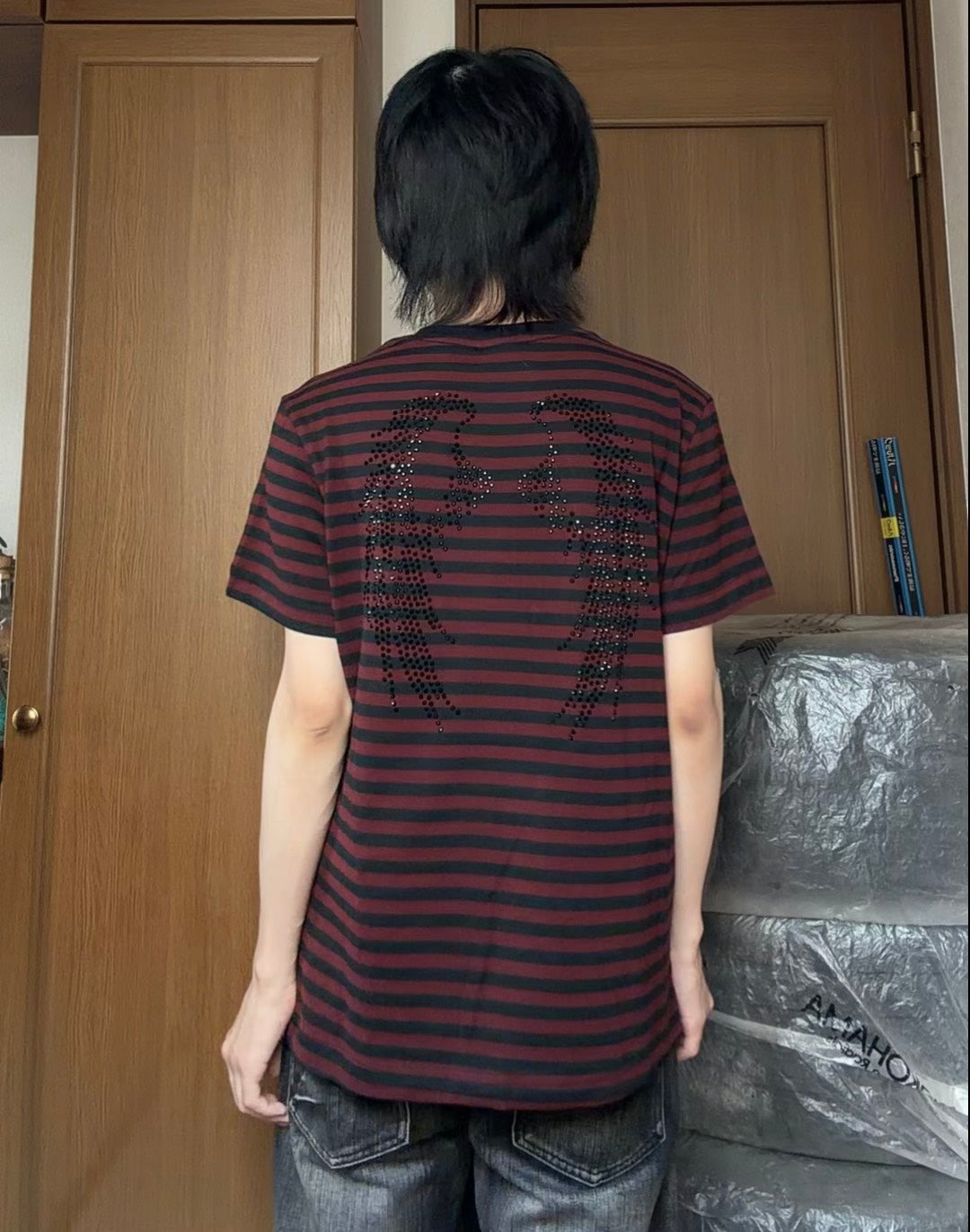 Y2Kビジューロゴボーダー柄半袖Tシャツ　AKA-013