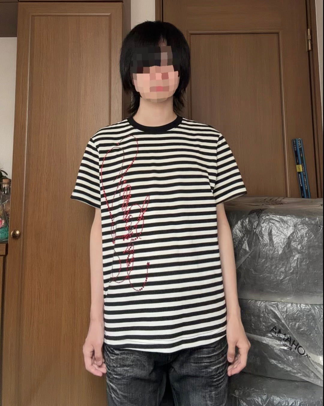 Y2Kビジューロゴボーダー柄半袖Tシャツ　AKA-013