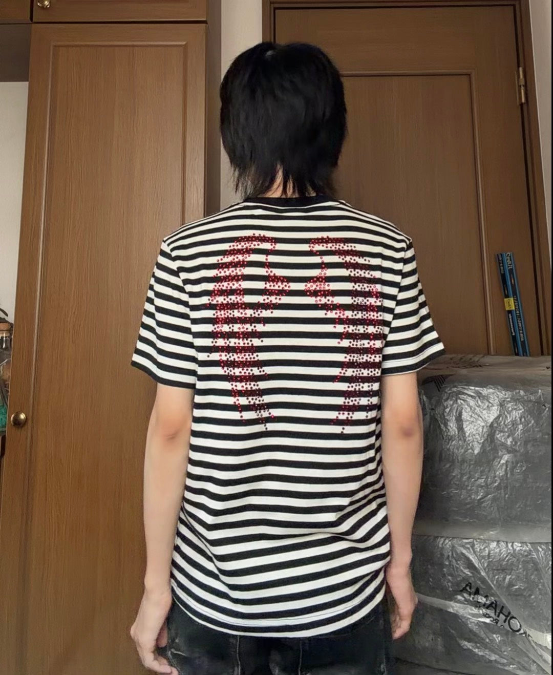 Y2Kビジューロゴボーダー柄半袖Tシャツ　AKA-013
