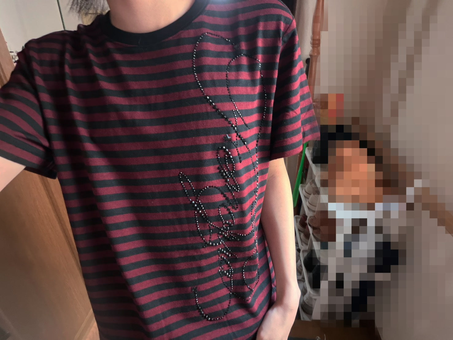 Y2Kビジューロゴボーダー柄半袖Tシャツ　AKA-013